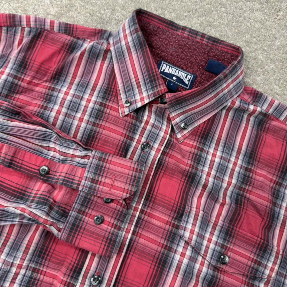 Panhandle Slim Shirt Mens L Red Plaid Button Down Long Sleeve Cotton 36D7701